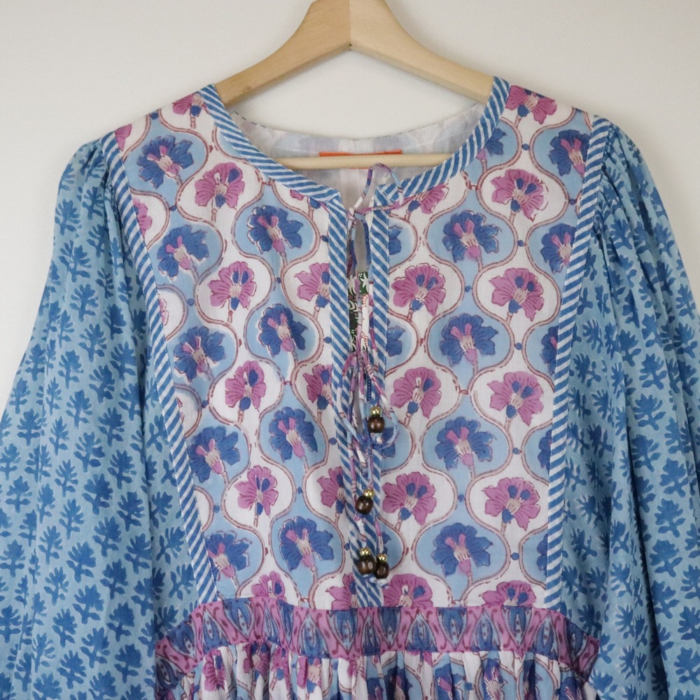 NWT Oliphant Tuckernuck Tie Front Balloon Mini Dress Iris Blue Block Print Large - Picture 4 of 10